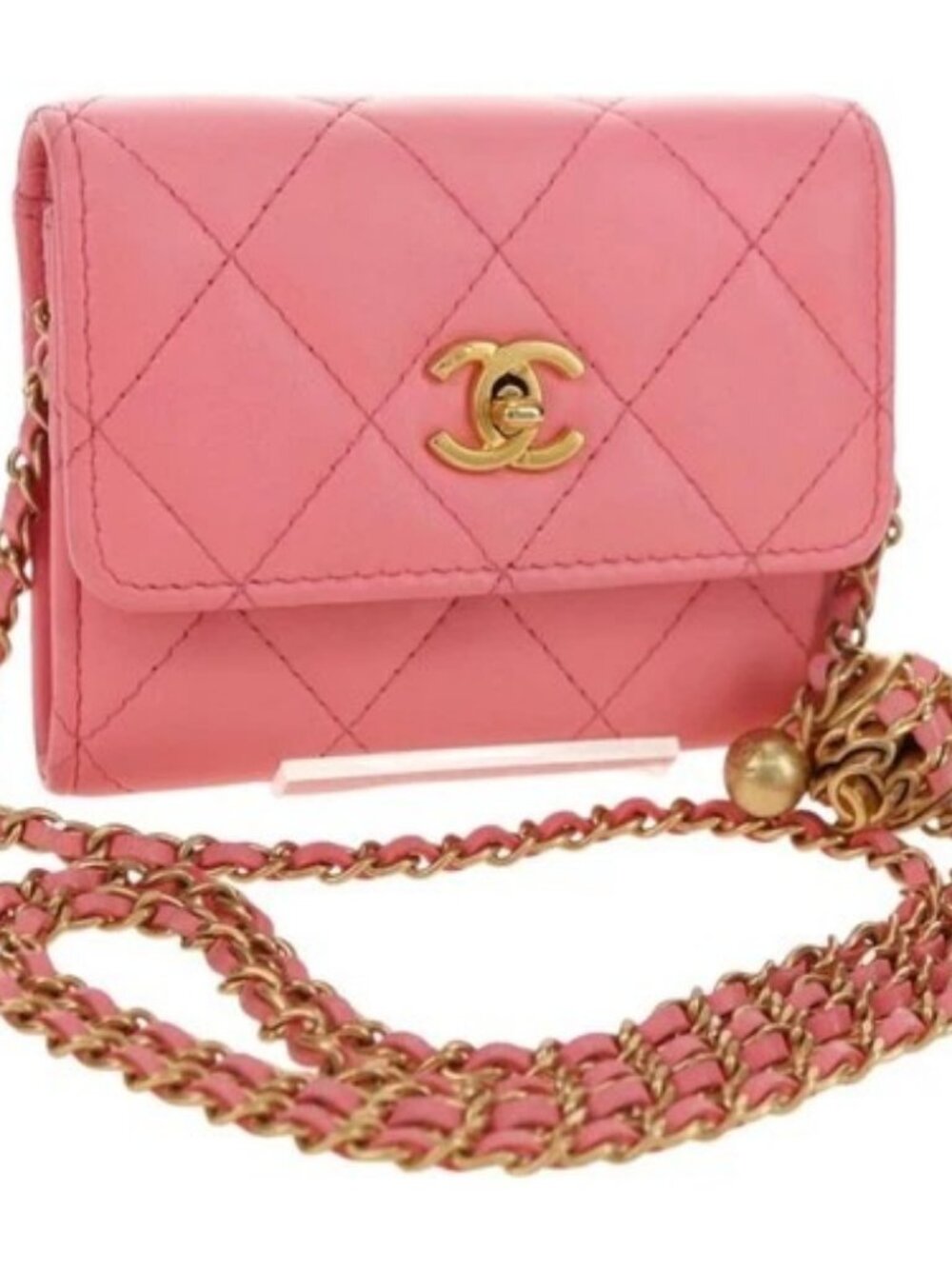 CHANEL Matelasse Chain Wallet Coco Ball Bag Lamb Skin Pink Gold CC Auth 181927M